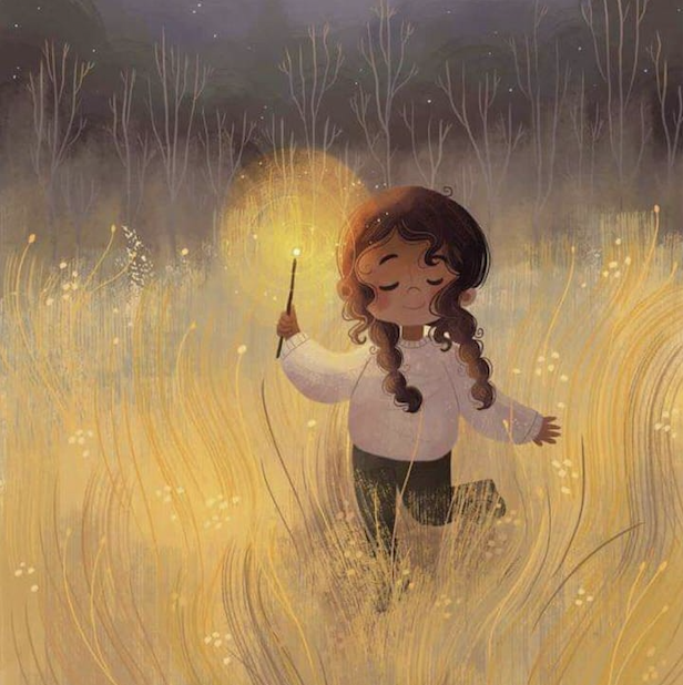 Illustration d’un enfant portant une lumière dans un champ doré